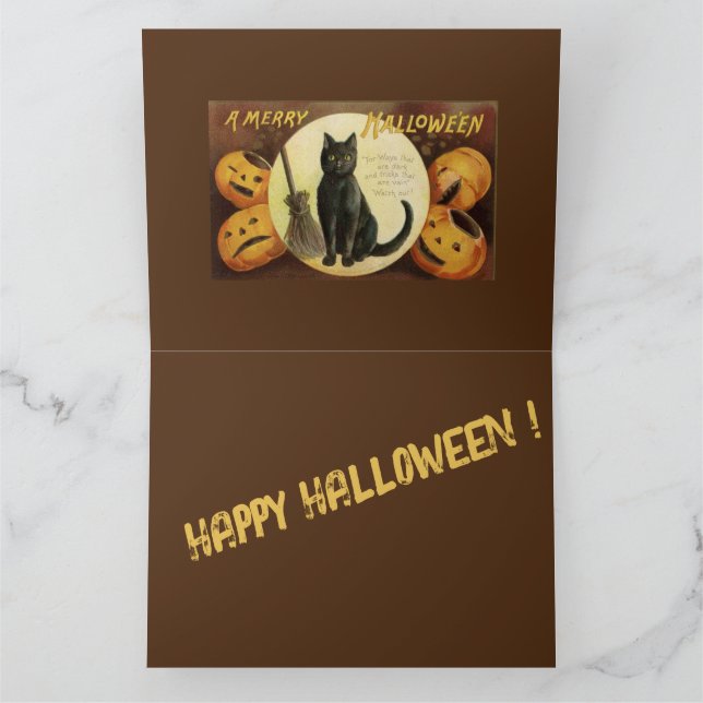 Vintage Halloween Witch's Black Cat & Pumpkins Card (Inside)