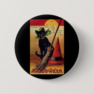 Vintage Halloween with a Black Cat and Witch's Hat 2 Inch Round Button