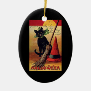 Vintage Halloween with a Black Cat and Witch's Hat Ceramic Ornament