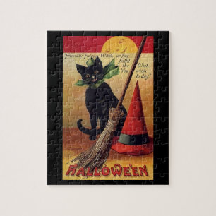 Vintage Halloween with a Black Cat and Witch's Hat Jigsaw Puzzle
