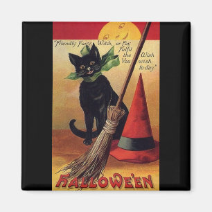 Vintage Halloween with a Black Cat and Witch's Hat Magnet
