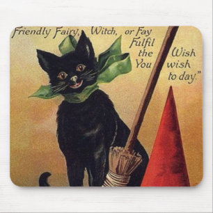 Vintage Halloween with a Black Cat and Witch's Hat Mouse Pad