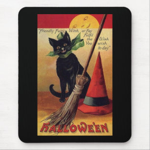 Vintage Halloween with a Black Cat and Witch's Hat Mouse Pad