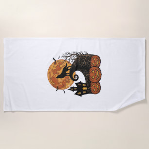 Vintage Halloween Wolf Moon Pumpkin Shirt Design_1 Beach Towel