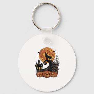 Vintage Halloween Wolf Moon Pumpkin Shirt Design_1 Keychain