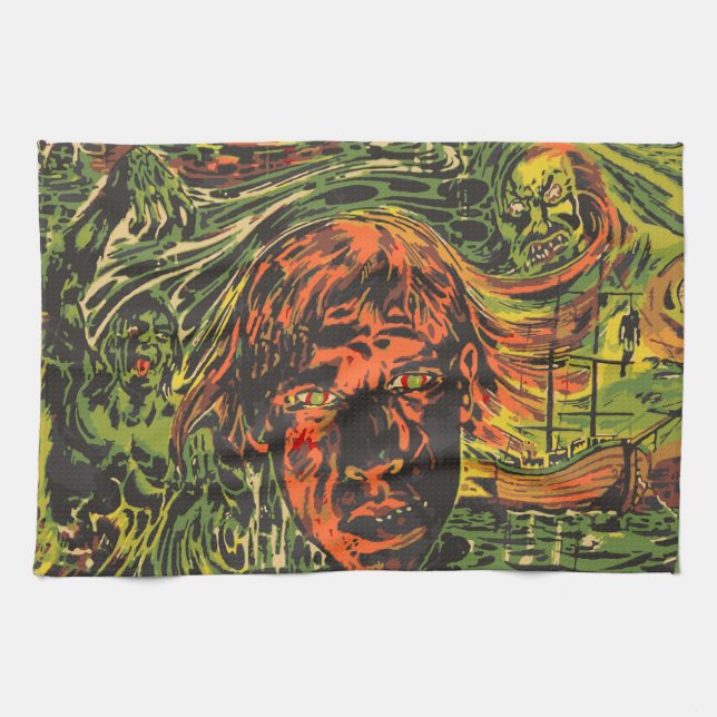 Vintage Halloween Zombies, Grafitti Street Art Kitchen Towel (Horizontal)