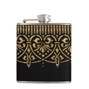 Vintage Hammered Gold on Black Hip Flask