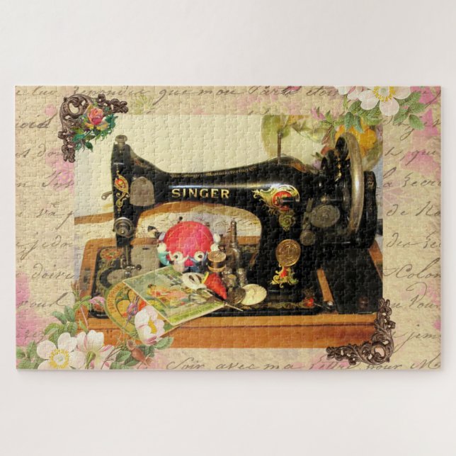 Vintage Hand Crank Sewing Machine & Notions Jigsaw Puzzle (Horizontal)