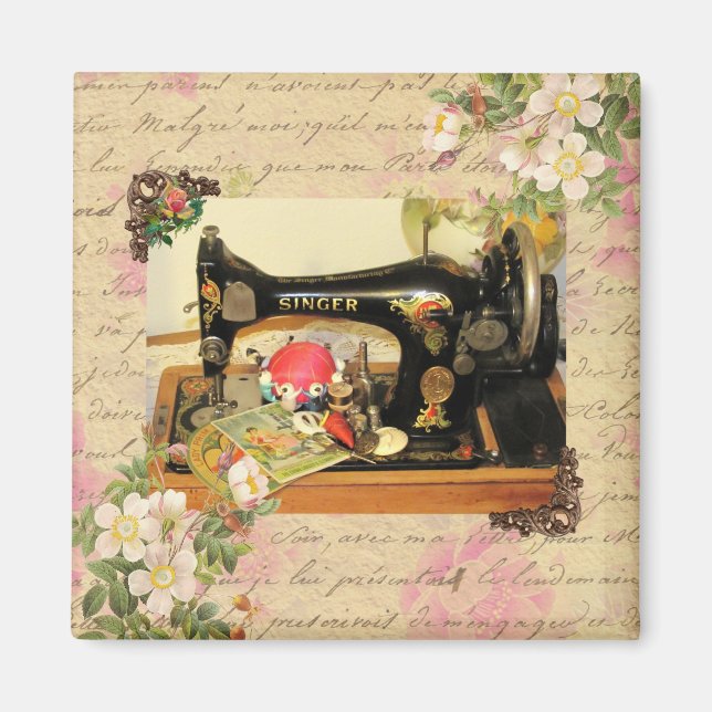 Vintage Hand Crank Sewing Machine & Notions Magnet (Front)