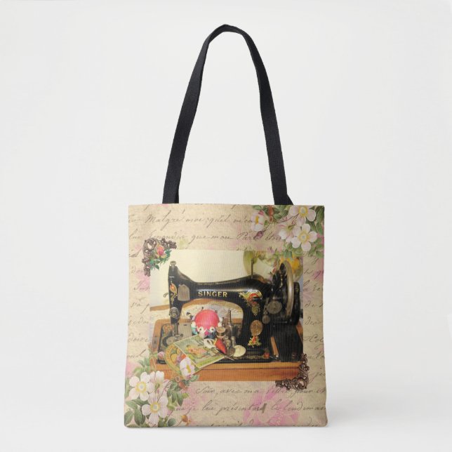 Vintage Hand Crank Sewing Machine & Notions Tote Bag (Front)