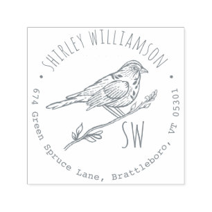Vintage Hand-drawn Bird Name, Initial & Address Self-inking Stamp