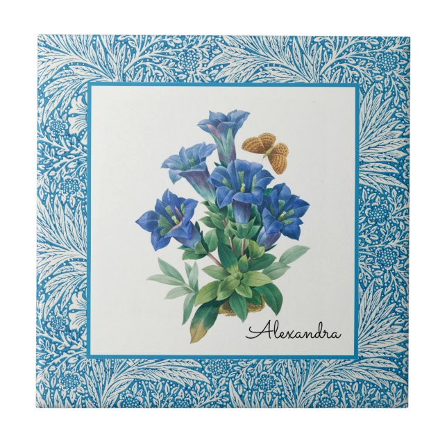 Vintage Hand drawn Blue Columbine Flower Tile (Front)