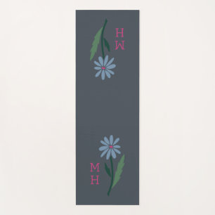 Vintage Hand Drawn Blue Floral Pink Monogram Gray Yoga Mat