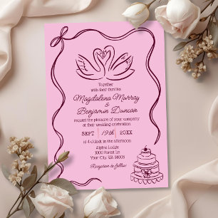 Vintage Hand Drawn Burgundy Retro Swans Wedding Invitation