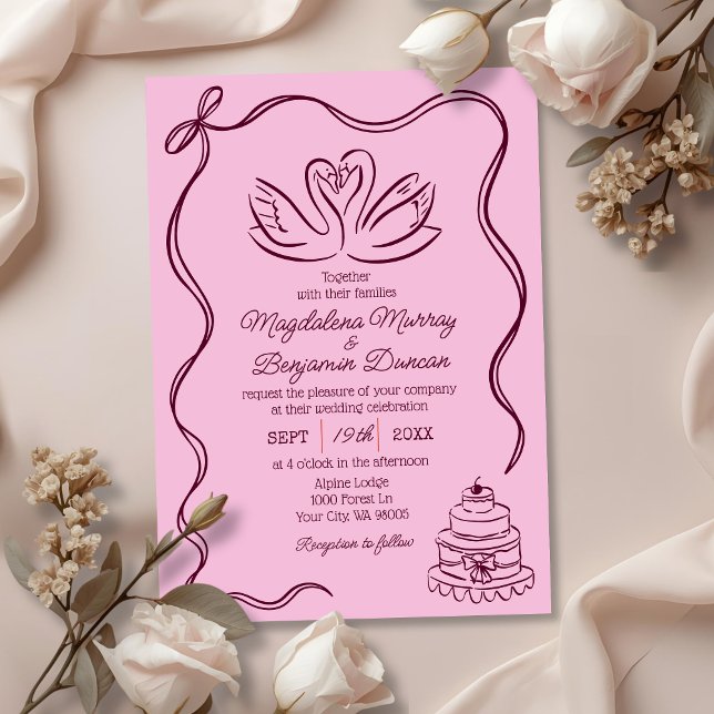 Vintage Hand Drawn Burgundy Retro Swans Wedding Invitation (Creator Uploaded)