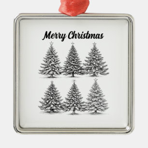 Vintage Hand-Drawn Christmas Tree Illustration Metal Ornament