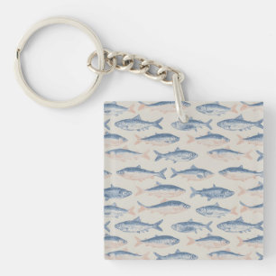 Vintage Hand-Drawn Fish Seamless Pattern Keychain