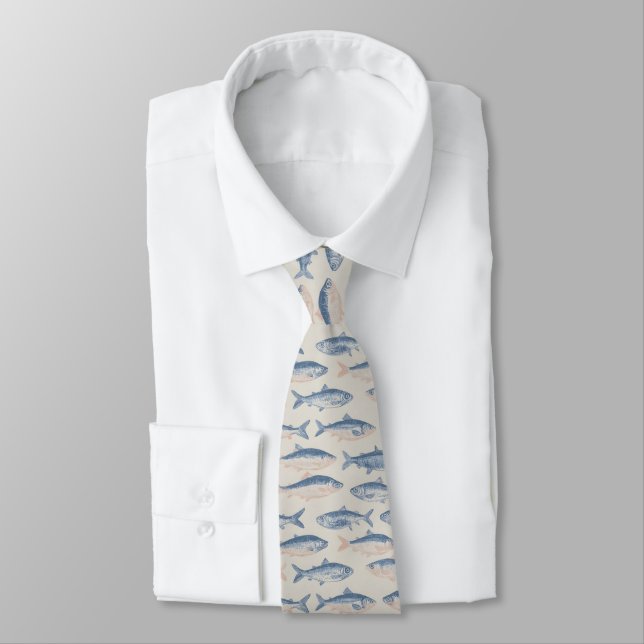 Vintage Hand-Drawn Fish Seamless Pattern Tie (Tied)