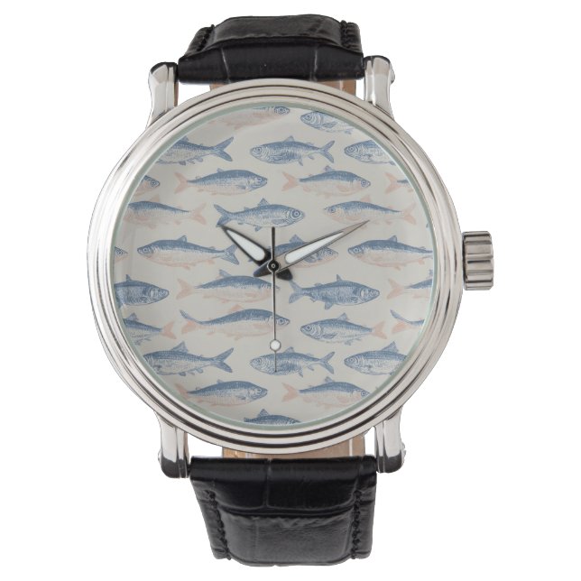 Vintage Hand-Drawn Fish Seamless Pattern Watch (Front)