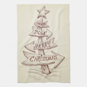 Vintage Hand-drawn North Pole Sign Christmas Kitchen Towel