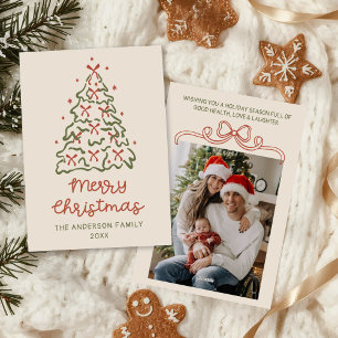 Vintage Hand Drawn Ribbons Tree Photo Christmas Holiday Card