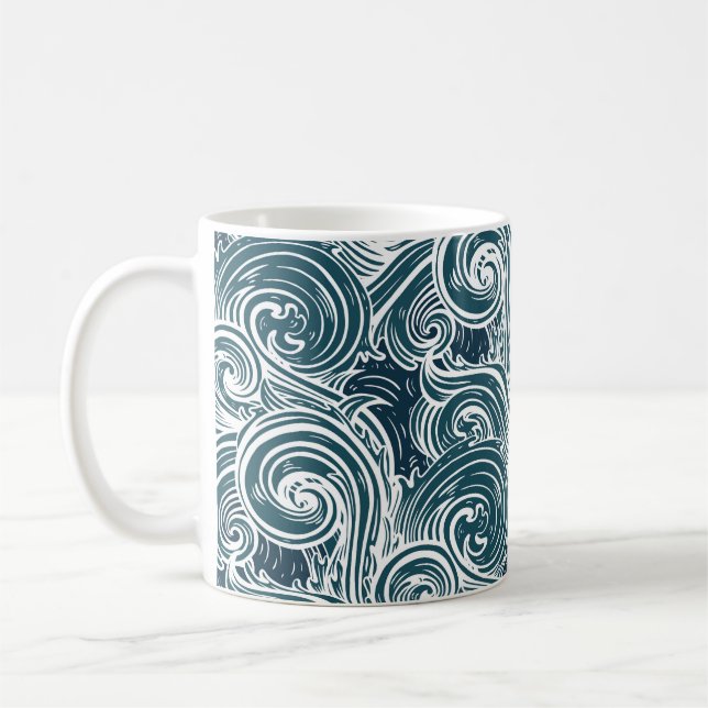 Vintage Hand-Drawn Sea Waves Illustration Coffee Mug (Left)