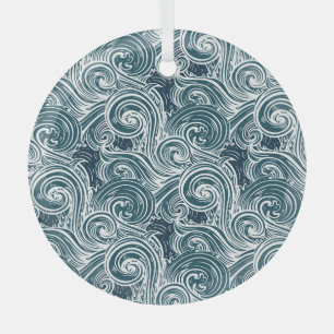 Vintage Hand-Drawn Sea Waves Illustration Glass Ornament