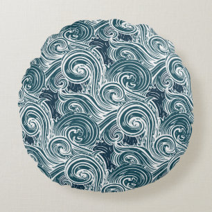 Vintage Hand-Drawn Sea Waves Illustration Round Pillow