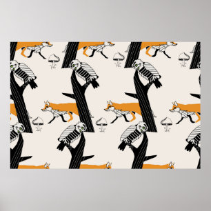 Vintage hand drawn seamless pattern with cute fox, poster