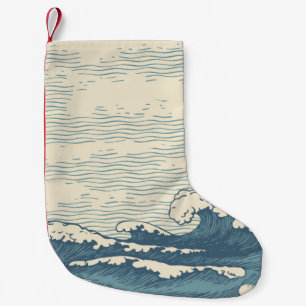 Vintage hand-drawn seascape in retro style with wa small christmas stocking