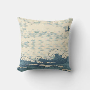 Vintage hand-drawn seascape in retro style with wa throw pillow