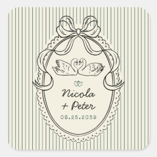 Vintage Hand Drawn Swan Stripes Wedding Favor Square Sticker