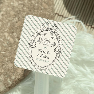 Vintage Hand Drawn Swan Stripes Wedding Favor Square Sticker