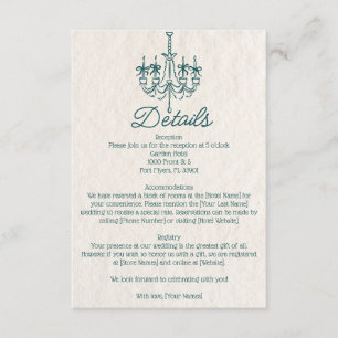 Vintage Hand Drawn Teal Chandelier Wedding Details Enclosure Card