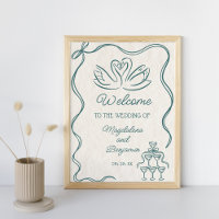 Vintage Hand Drawn Teal Retro Wedding Welcome