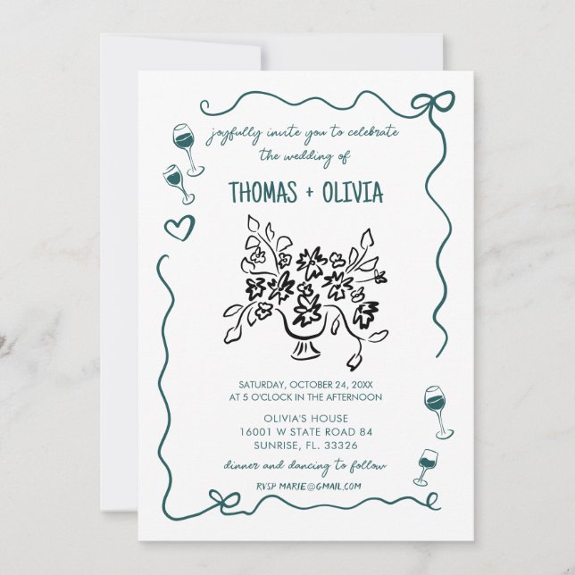 vintage Hand drawn Whimsical Wedding Invitation (Front)