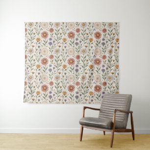 Vintage Hand-Drawn Wildflowers Patchwork Seamless Tapestry