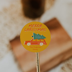 Vintage Hand Drawn Yellow Red Car Tree Christmas  Classic Round Sticker