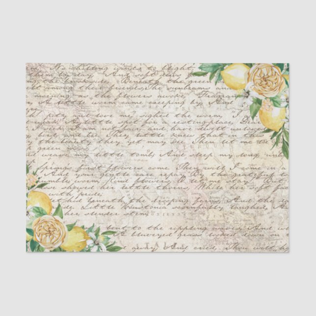 Vintage Hand Written Letter Script Lemon Decoupage Tissue Paper (Front)