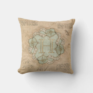 Vintage Handcrafted Letter H Word Art Green Gold Throw Pillow