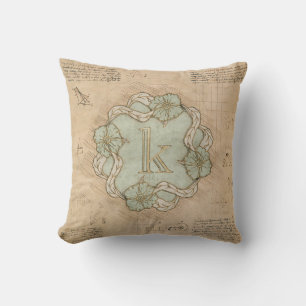 Vintage Handcrafted Letter K Word Art Green Gold Throw Pillow