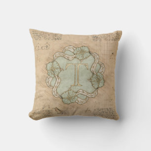 Vintage Handcrafted Letter T Word Art Green Gold Throw Pillow