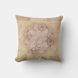 Vintage Handcrafted Letter Z Word Art Pink Gold Throw Pillow