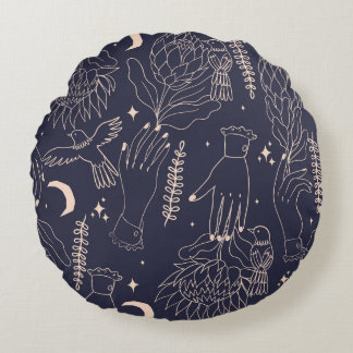 Vintage Hands and Birds: Artistic Pattern Round Pillow