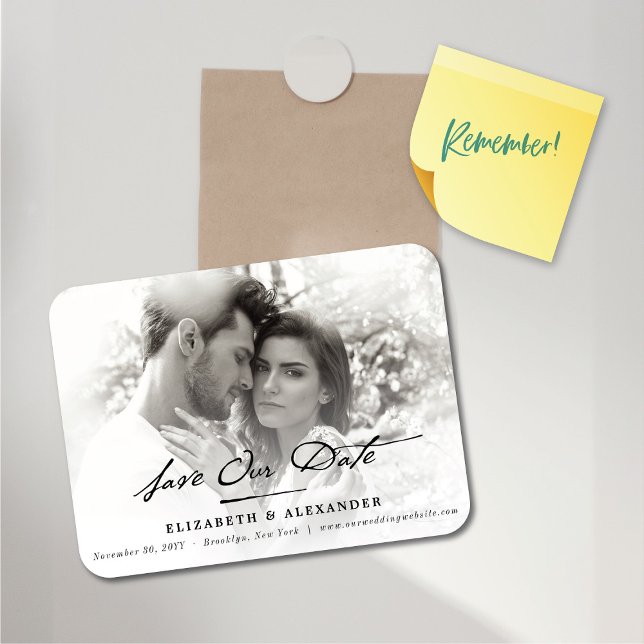 Vintage Handwriting Script Photo Save The Date Magnet (Vintage Handwriting Script Photo Save The Date Flexible Magnet @ fat_fa_tin)