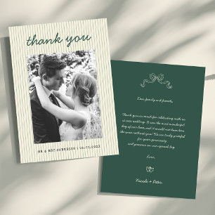Vintage Handwritten Green Stripes Photo Wedding Thank You Card