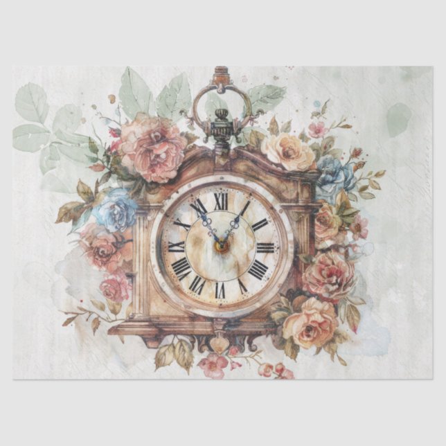 Vintage Handwritten Script Clock Roses Decoupage Tissue Paper (Front)