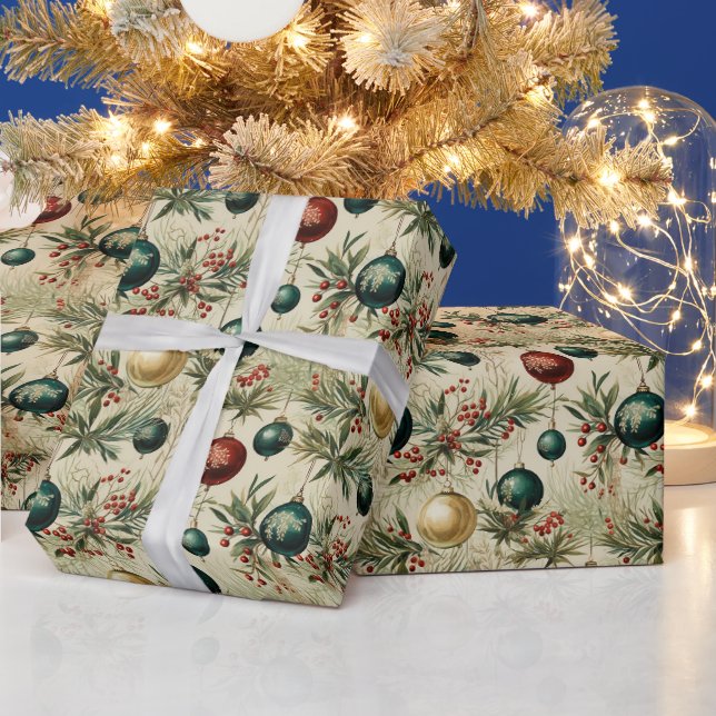 Vintage Hanging Ornaments, Berries, Branches Wrapping Paper (Holidays)