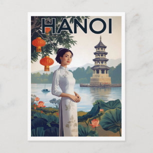 Vintage Hanoi Vietnam Ao Dai Lake Postcard