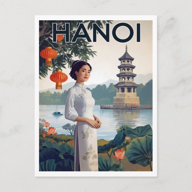 Vintage Hanoi Vietnam Ao Dai Lake Postcard (Front)